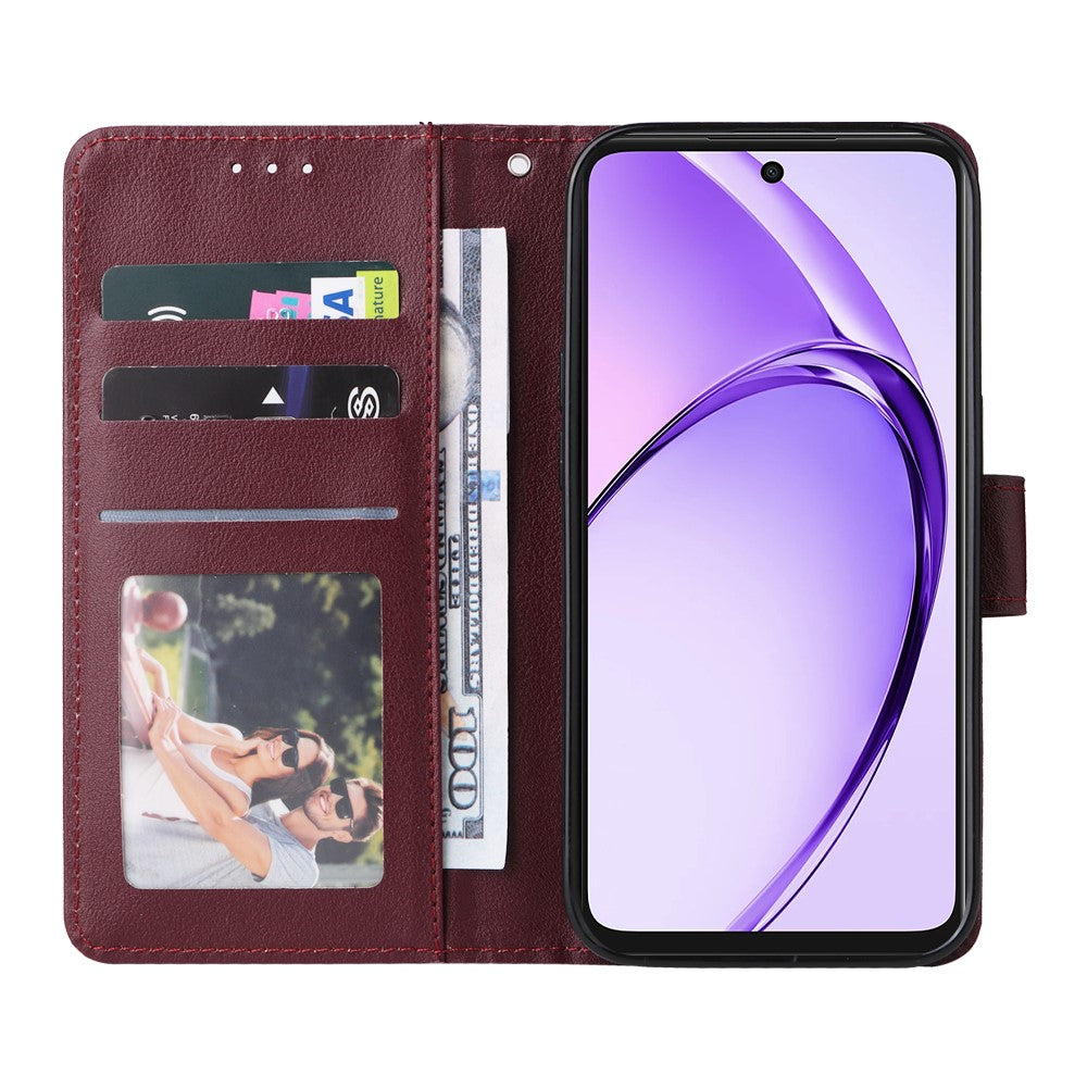 For Oppo Reno14 5G (Global) Case Wallet Stand View PU Leather Phone Cover with Wrist Strap - Wine Red