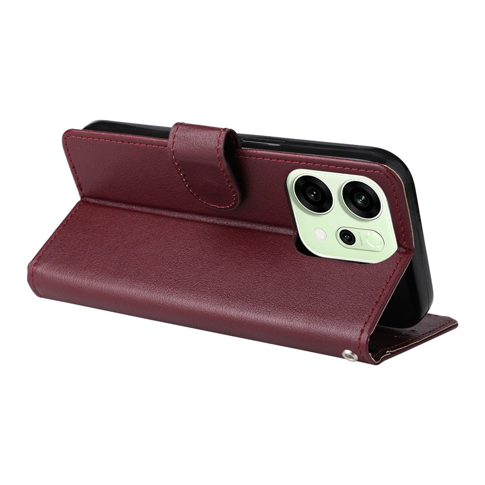 For Oppo Reno14 5G (Global) Case Wallet Stand View PU Leather Phone Cover with Wrist Strap - Wine Red