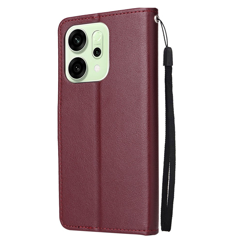 For Oppo Reno14 5G (Global) Case Wallet Stand View PU Leather Phone Cover with Wrist Strap - Wine Red
