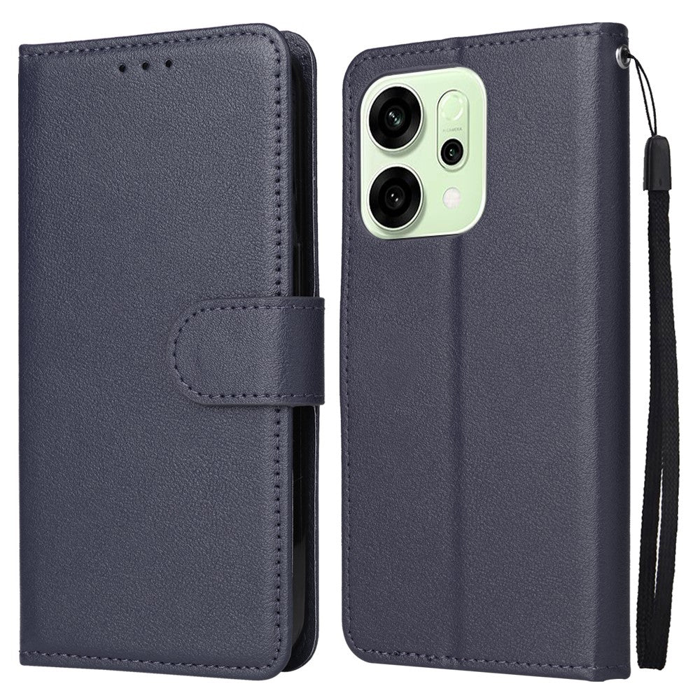 For Oppo Reno14 5G (Global) Case Wallet Stand View PU Leather Phone Cover with Wrist Strap - Blue
