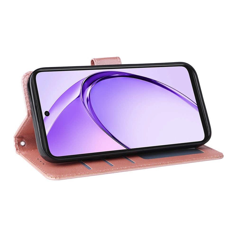 For Oppo Reno14 5G (Global) Case Wallet Stand View PU Leather Phone Cover with Wrist Strap - Rose Gold