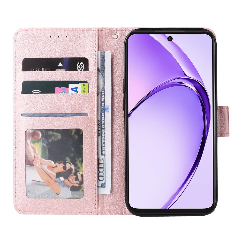 For Oppo Reno14 5G (Global) Case Wallet Stand View PU Leather Phone Cover with Wrist Strap - Rose Gold