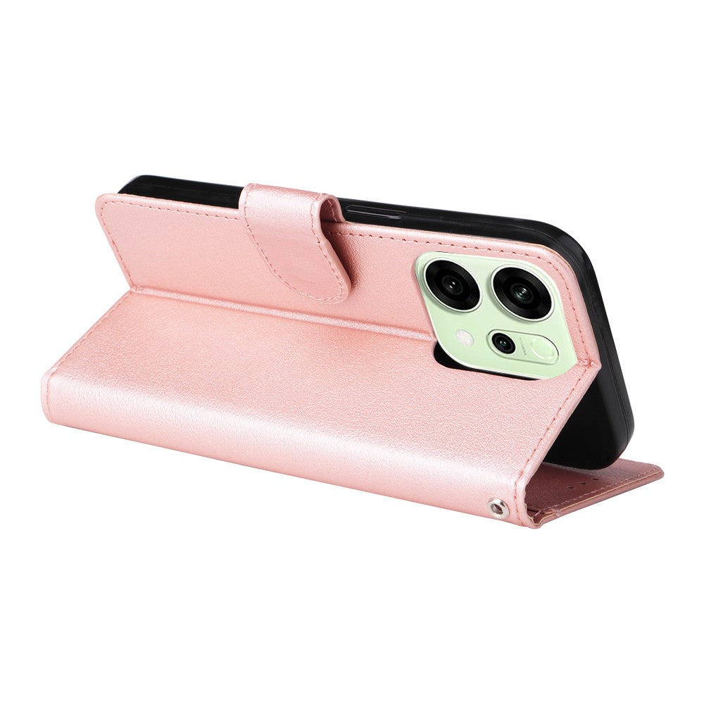 For Oppo Reno14 5G (Global) Case Wallet Stand View PU Leather Phone Cover with Wrist Strap - Rose Gold