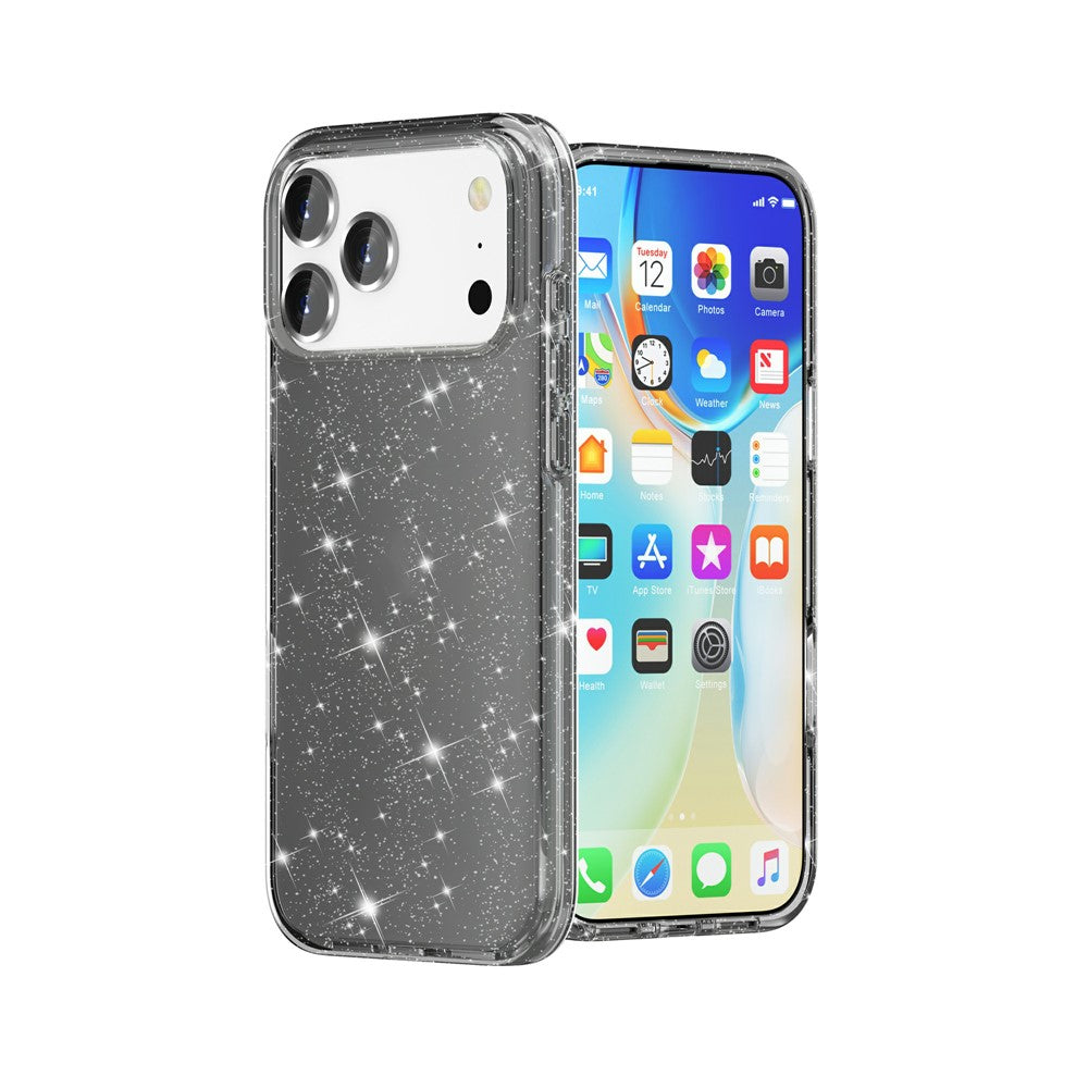 For iPhone 17 Pro Max Case Sparkly Powder Glitter Shiny Soft TPU + Hard PC Back Cover - Black
