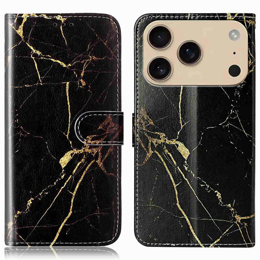 For iPhone 17 Pro Max Stand Case Marble Painted Folio Flip Leather Wallet Phone Cover - Black Gold Marble