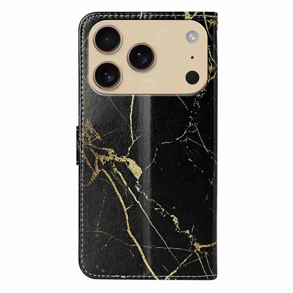 For iPhone 17 Pro Max Stand Case Marble Painted Folio Flip Leather Wallet Phone Cover - Black Gold Marble