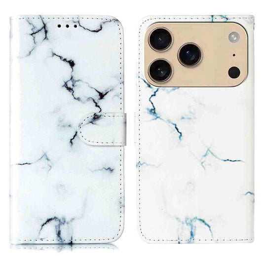 For iPhone 17 Pro Max Stand Case Marble Painted Folio Flip Leather Wallet Phone Cover - White Marble
