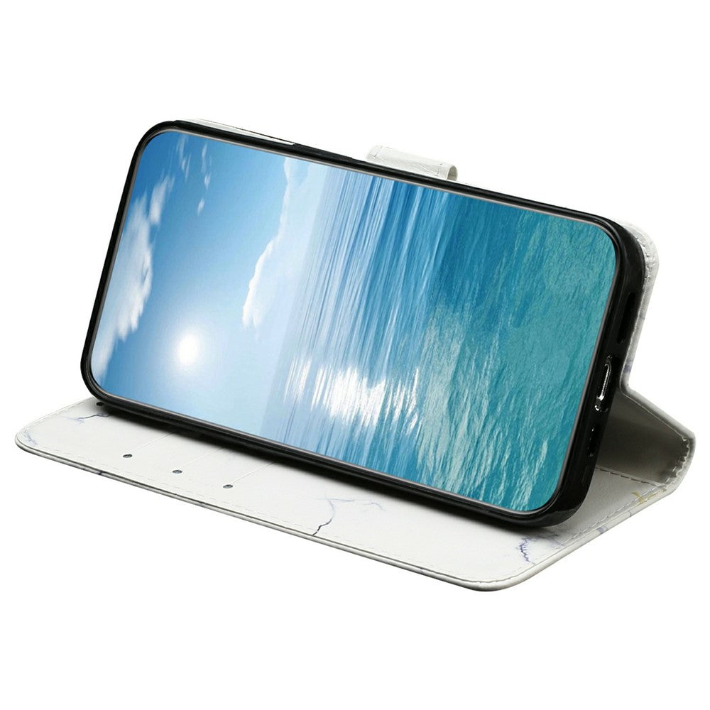 For iPhone 17 Pro Max Stand Case Marble Painted Folio Flip Leather Wallet Phone Cover - White Marble