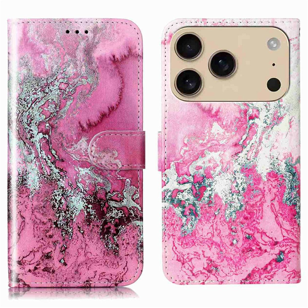 For iPhone 17 Pro Max Stand Case Marble Painted Folio Flip Leather Wallet Phone Cover - Pink Seawater Marble