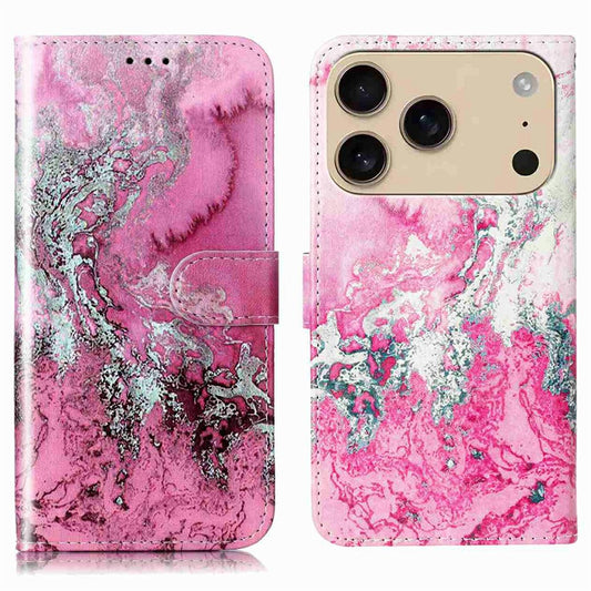 For iPhone 17 Pro Max Stand Case Marble Painted Folio Flip Leather Wallet Phone Cover - Pink Seawater Marble