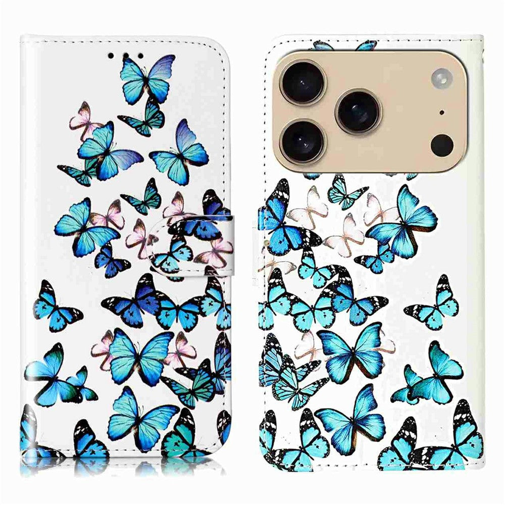 For iPhone 17 Pro Max Stand Case Marble Painted Folio Flip Leather Wallet Phone Cover - Blue Butterfly