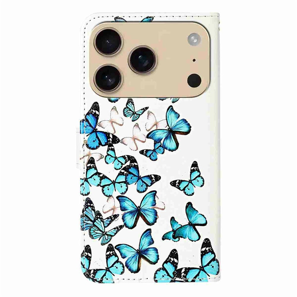 For iPhone 17 Pro Max Stand Case Marble Painted Folio Flip Leather Wallet Phone Cover - Blue Butterfly