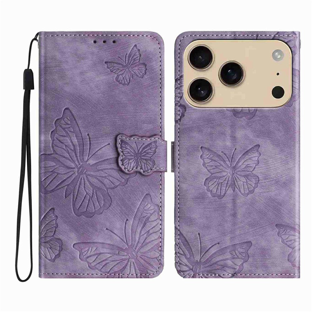 For iPhone 17 Pro Max Case Butterfly Design Flip Wallet Leather Phone Cover Skin-Touch - Purple