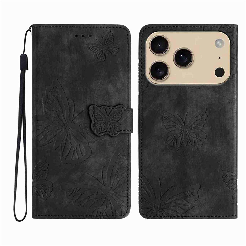 For iPhone 17 Pro Max Case Butterfly Design Flip Wallet Leather Phone Cover Skin-Touch - Black