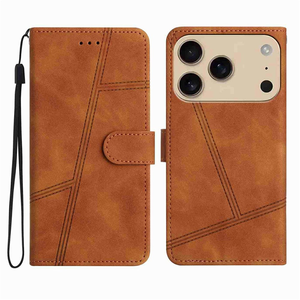 For iPhone 17 Pro Max Case Flip Leather Retro Phone Cover Lines Imprinted - Brown