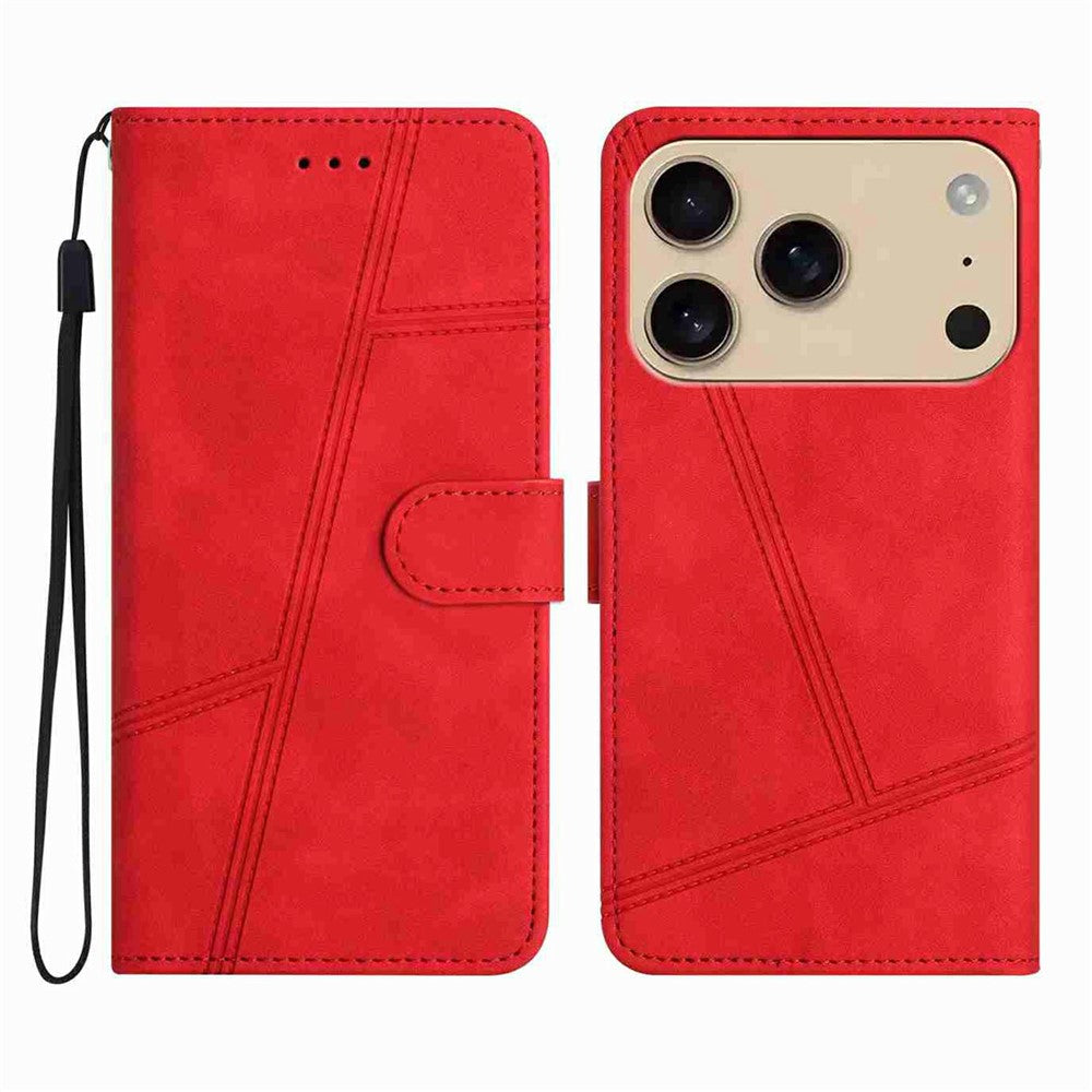For iPhone 17 Pro Max Case Flip Leather Retro Phone Cover Lines Imprinted - Red