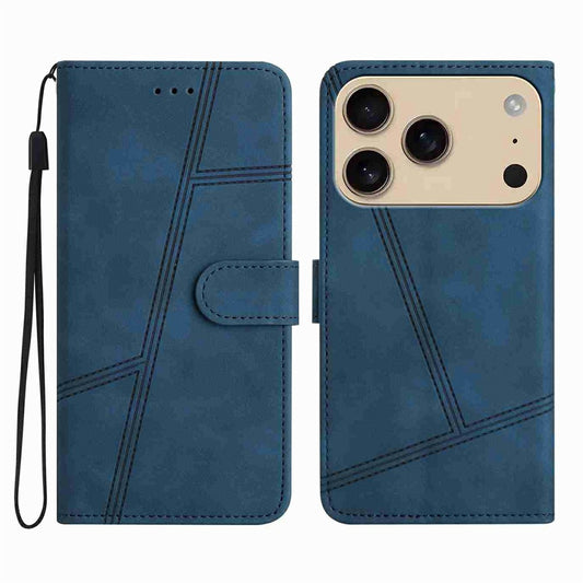 For iPhone 17 Pro Max Case Flip Leather Retro Phone Cover Lines Imprinted - Blue