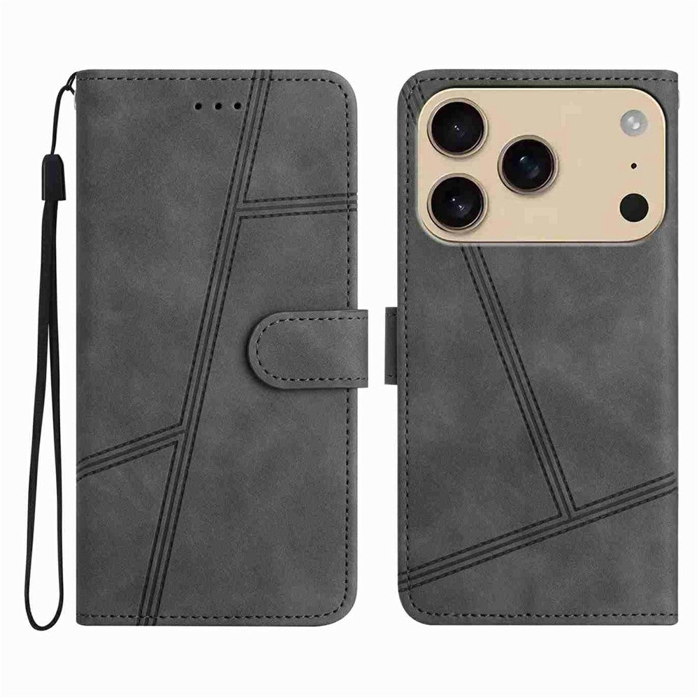 For iPhone 17 Pro Max Case Flip Leather Retro Phone Cover Lines Imprinted - Grey