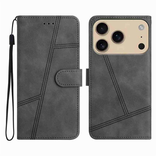 For iPhone 17 Pro Max Case Flip Leather Retro Phone Cover Lines Imprinted - Grey