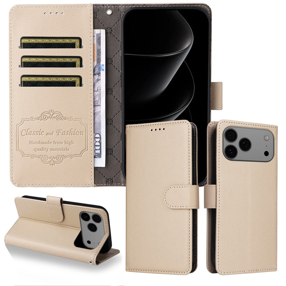 For iPhone 17 Pro Max Case RFID Blocking 3 Card Slots PU Leather Phone Cover with Wrist Strap - Creamy White