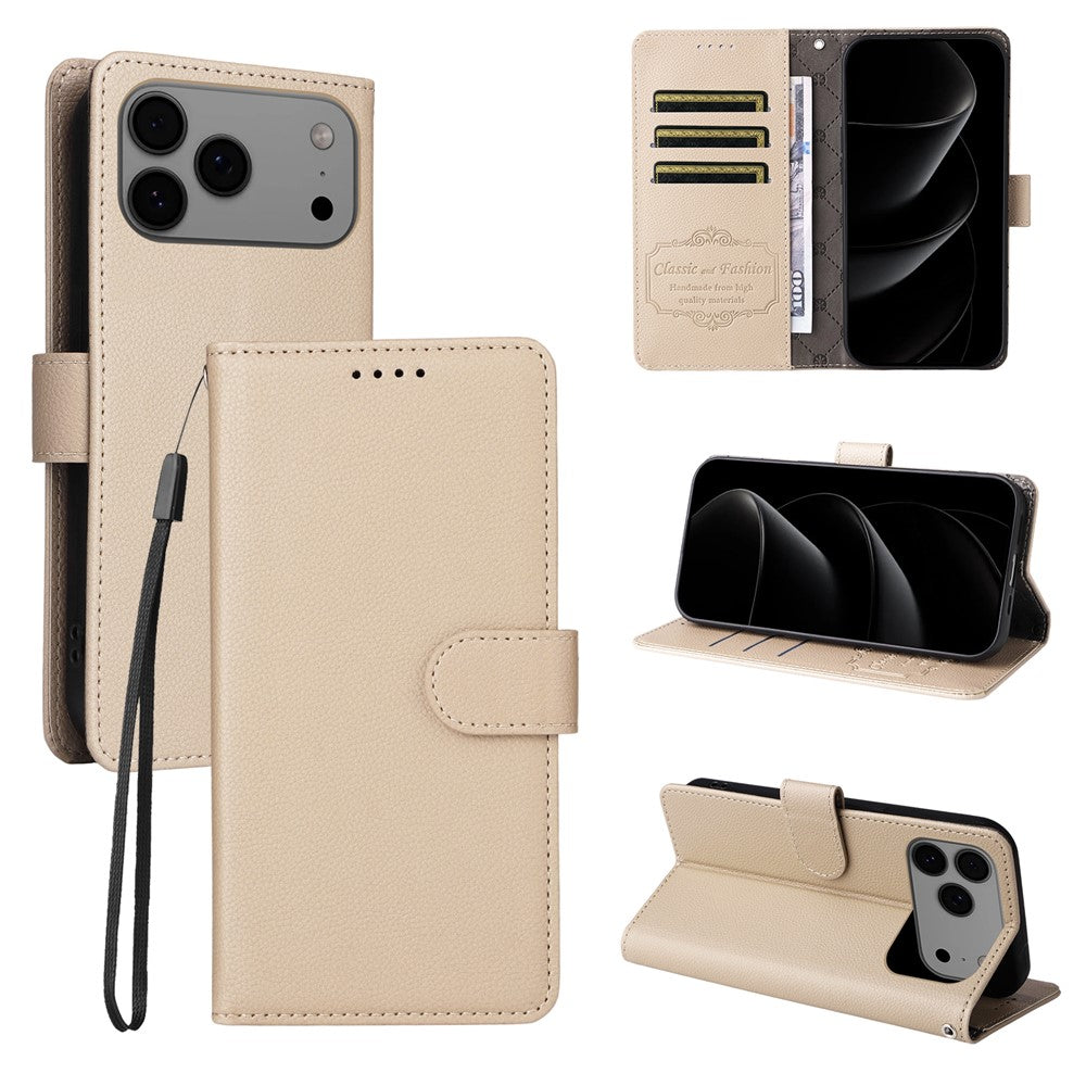 For iPhone 17 Pro Max Case RFID Blocking 3 Card Slots PU Leather Phone Cover with Wrist Strap - Creamy White