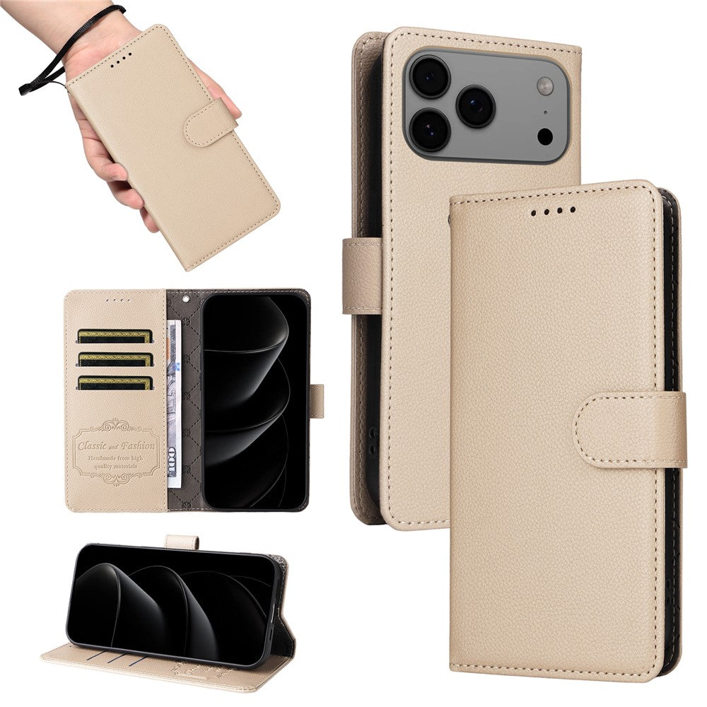 For iPhone 17 Pro Max Case RFID Blocking 3 Card Slots PU Leather Phone Cover with Wrist Strap - Creamy White