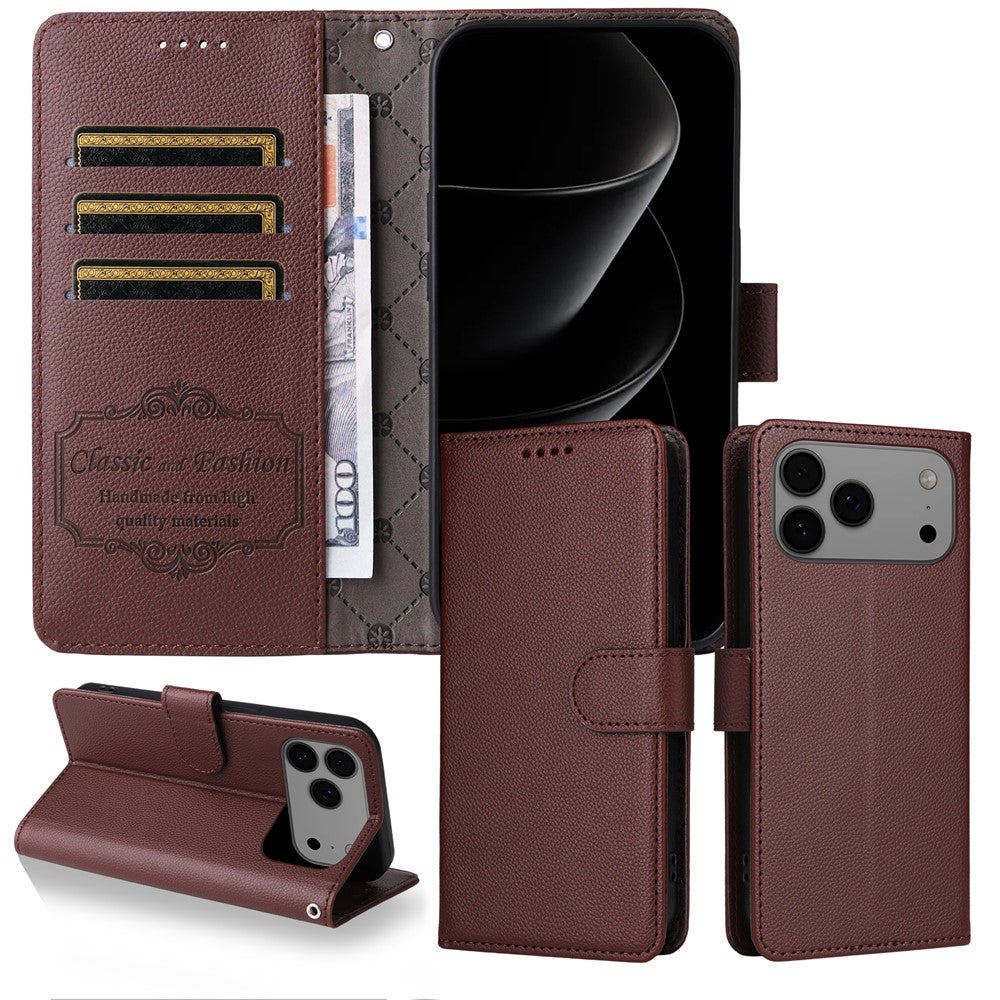 For iPhone 17 Pro Max Case RFID Blocking 3 Card Slots PU Leather Phone Cover with Wrist Strap - Brown