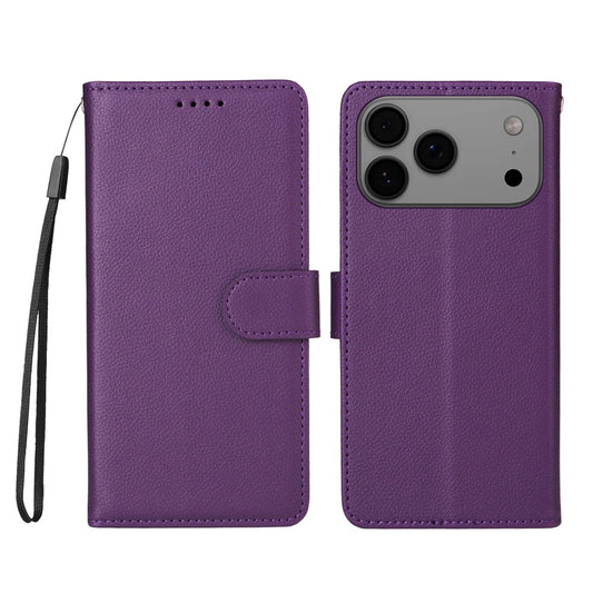 For iPhone 17 Pro Max Case RFID Blocking 3 Card Slots PU Leather Phone Cover with Wrist Strap - Purple