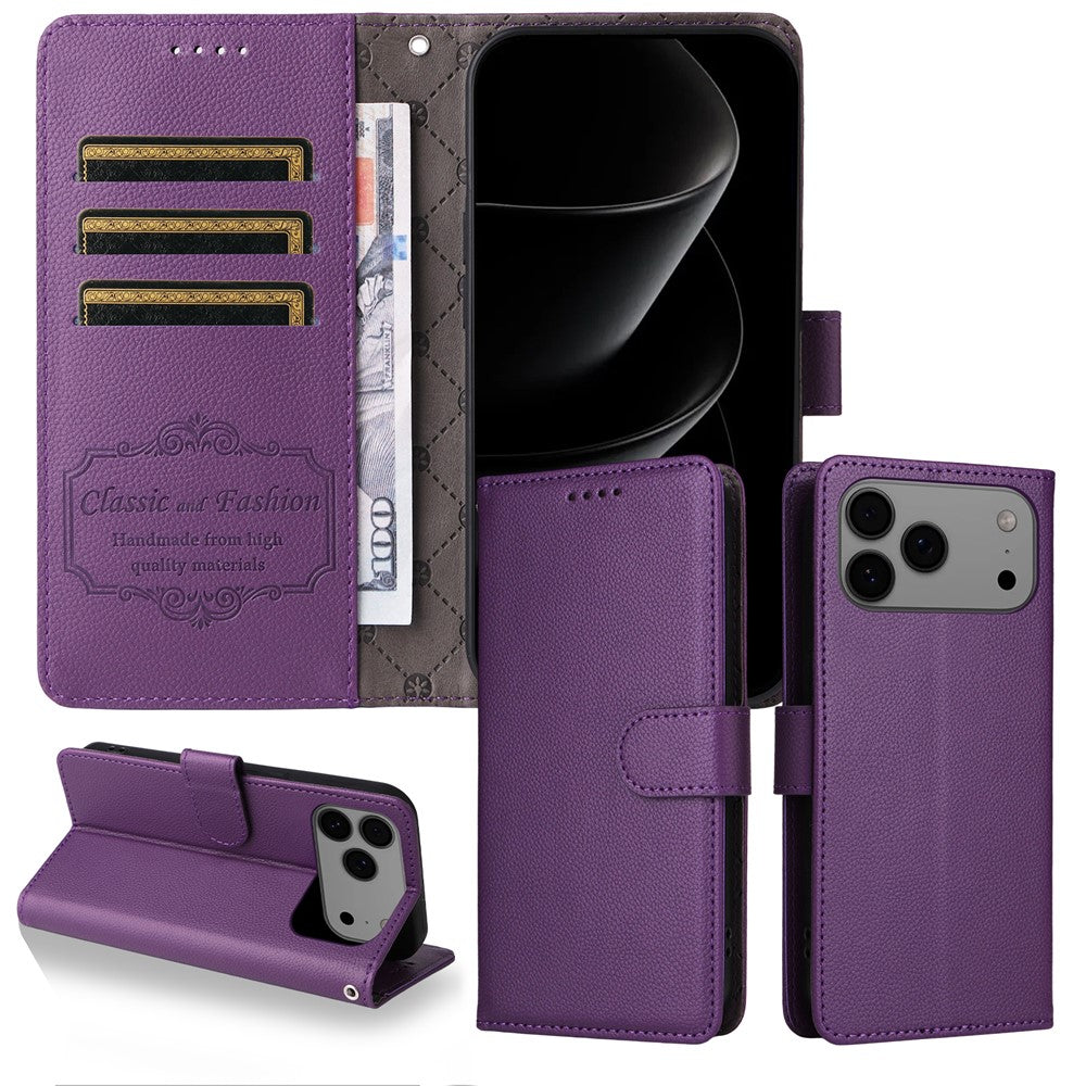 For iPhone 17 Pro Max Case RFID Blocking 3 Card Slots PU Leather Phone Cover with Wrist Strap - Purple