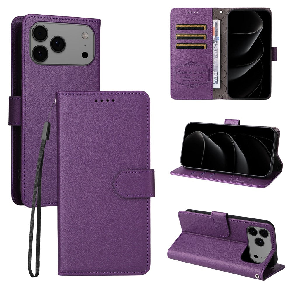 For iPhone 17 Pro Max Case RFID Blocking 3 Card Slots PU Leather Phone Cover with Wrist Strap - Purple