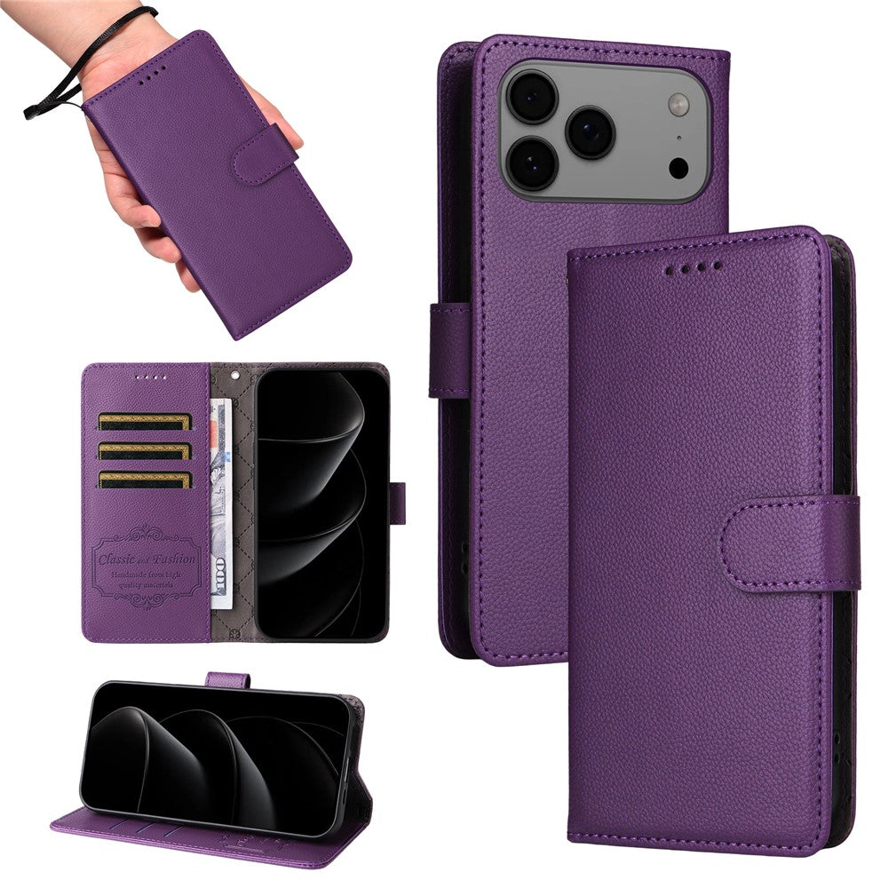 For iPhone 17 Pro Max Case RFID Blocking 3 Card Slots PU Leather Phone Cover with Wrist Strap - Purple