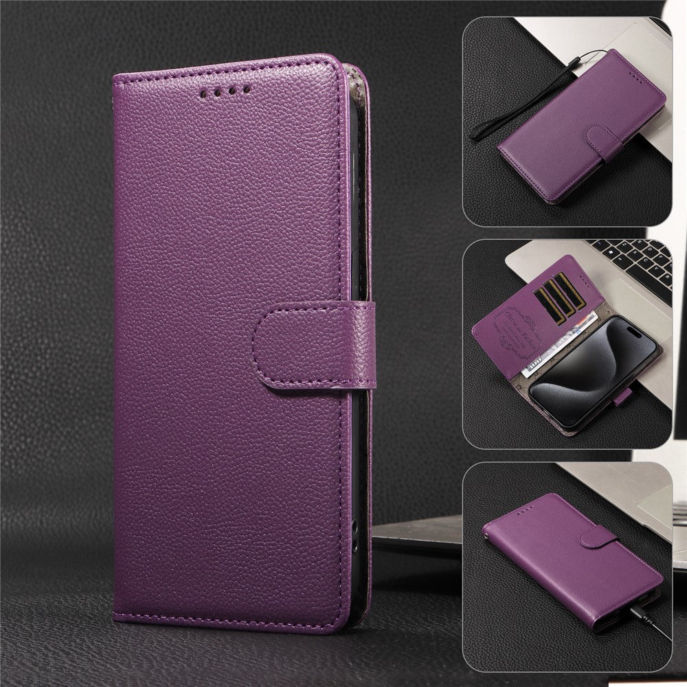 For iPhone 17 Pro Max Case RFID Blocking 3 Card Slots PU Leather Phone Cover with Wrist Strap - Purple