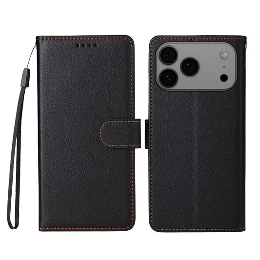 For iPhone 17 Pro Max Case RFID Blocking 3 Card Slots PU Leather Phone Cover with Wrist Strap - Black