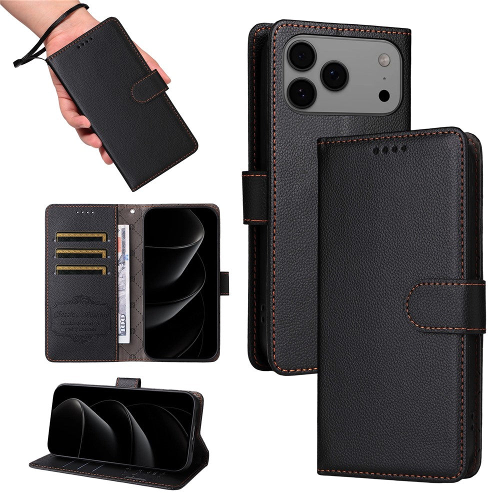 For iPhone 17 Pro Max Case RFID Blocking 3 Card Slots PU Leather Phone Cover with Wrist Strap - Black