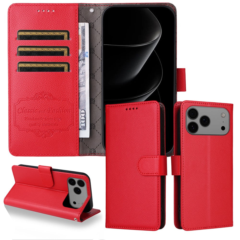 For iPhone 17 Pro Max Case RFID Blocking 3 Card Slots PU Leather Phone Cover with Wrist Strap - Red