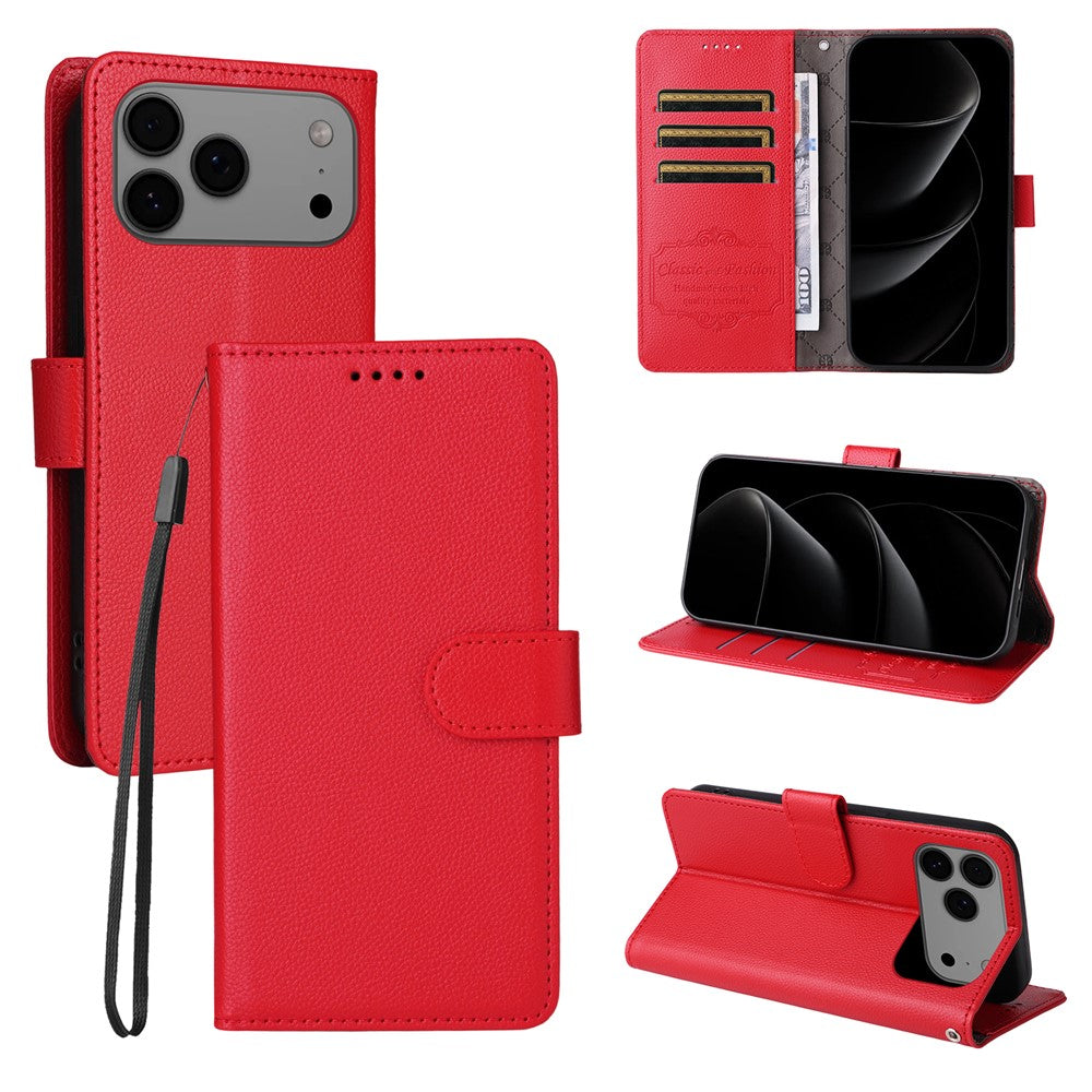 For iPhone 17 Pro Max Case RFID Blocking 3 Card Slots PU Leather Phone Cover with Wrist Strap - Red
