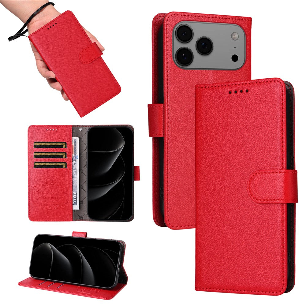 For iPhone 17 Pro Max Case RFID Blocking 3 Card Slots PU Leather Phone Cover with Wrist Strap - Red