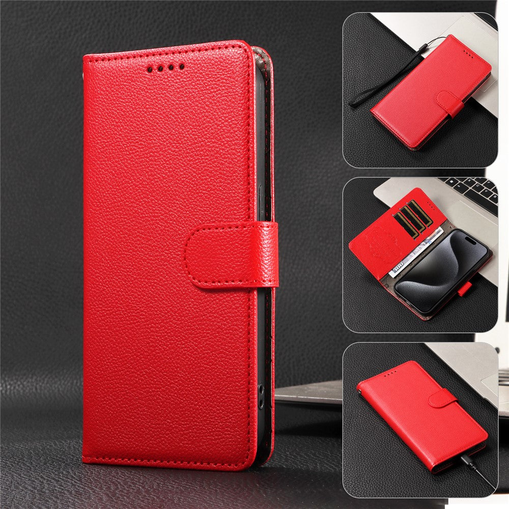 For iPhone 17 Pro Max Case RFID Blocking 3 Card Slots PU Leather Phone Cover with Wrist Strap - Red