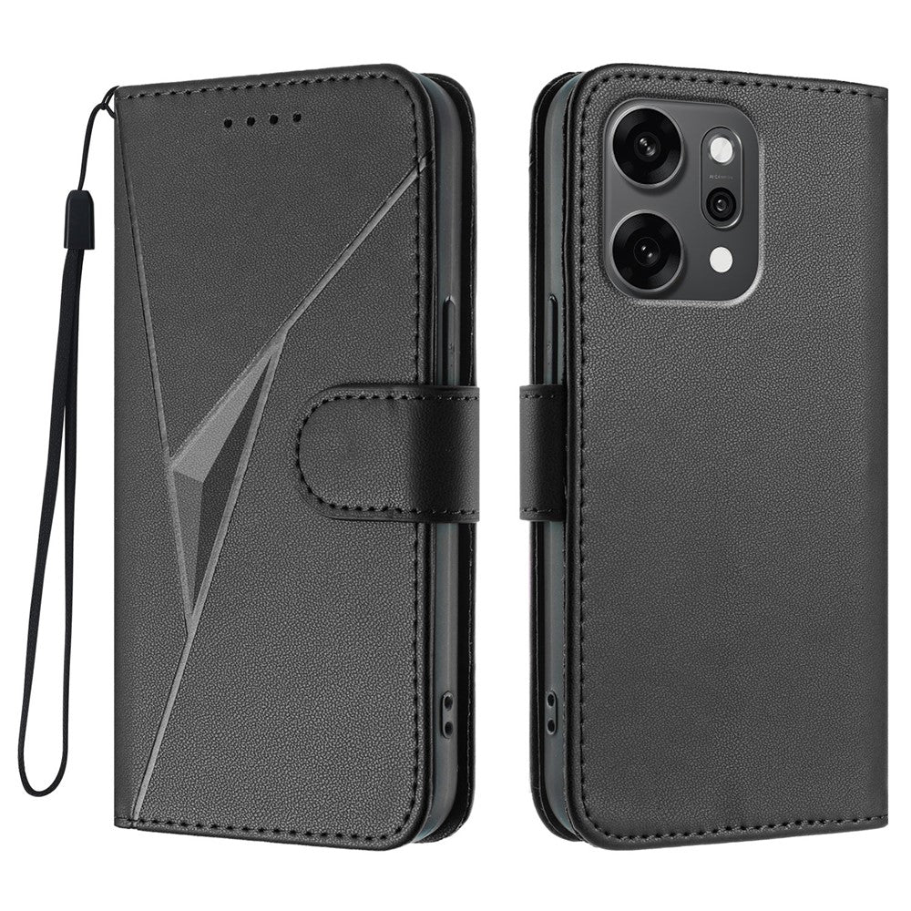For Oppo Reno14 Pro 5G (China) / Oppo Reno14 Pro 5G (Global) Case Triangle Imprint Leather Phone Cover with Lanyard - Black