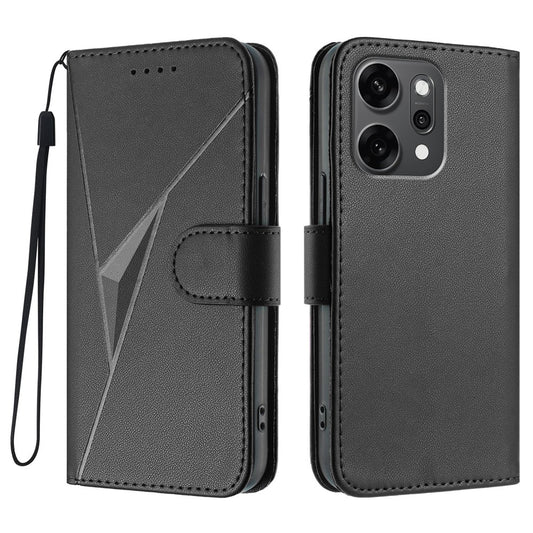 For Oppo Reno14 Pro 5G (China) / Oppo Reno14 Pro 5G (Global) Case Triangle Imprint Leather Phone Cover with Lanyard - Black