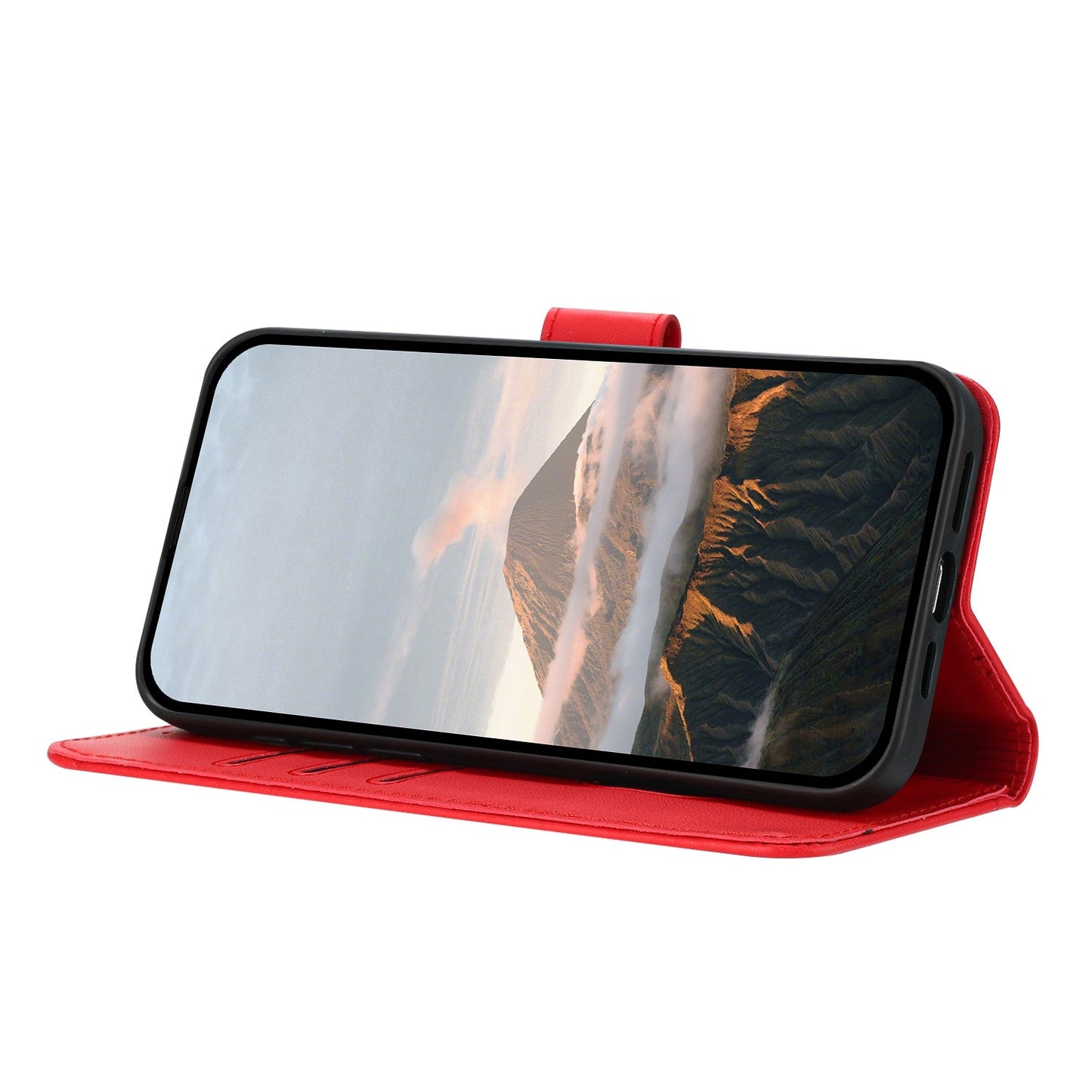 For Oppo Reno14 5G (China) / Oppo Reno14 5G (Global) Case Triangle Imprint Leather Phone Cover with Lanyard - Red