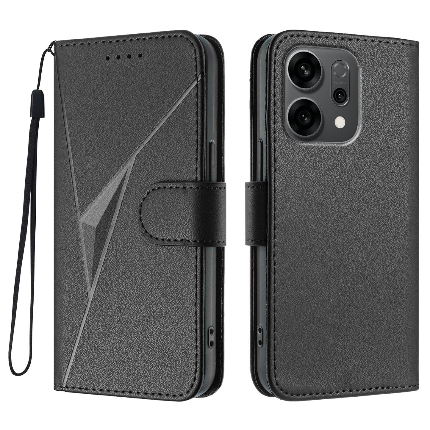 For Oppo Reno14 5G (China) / Oppo Reno14 5G (Global) Case Triangle Imprint Leather Phone Cover with Lanyard - Black