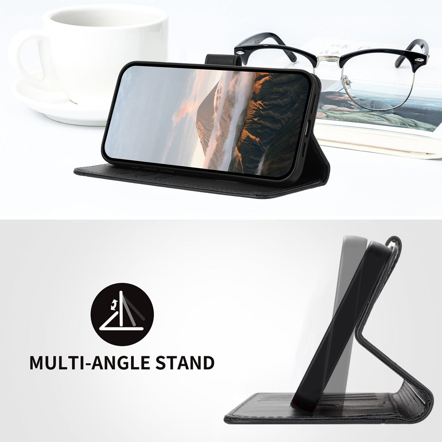 For Oppo Reno14 5G (China) / Oppo Reno14 5G (Global) Case Triangle Imprint Leather Phone Cover with Lanyard - Black