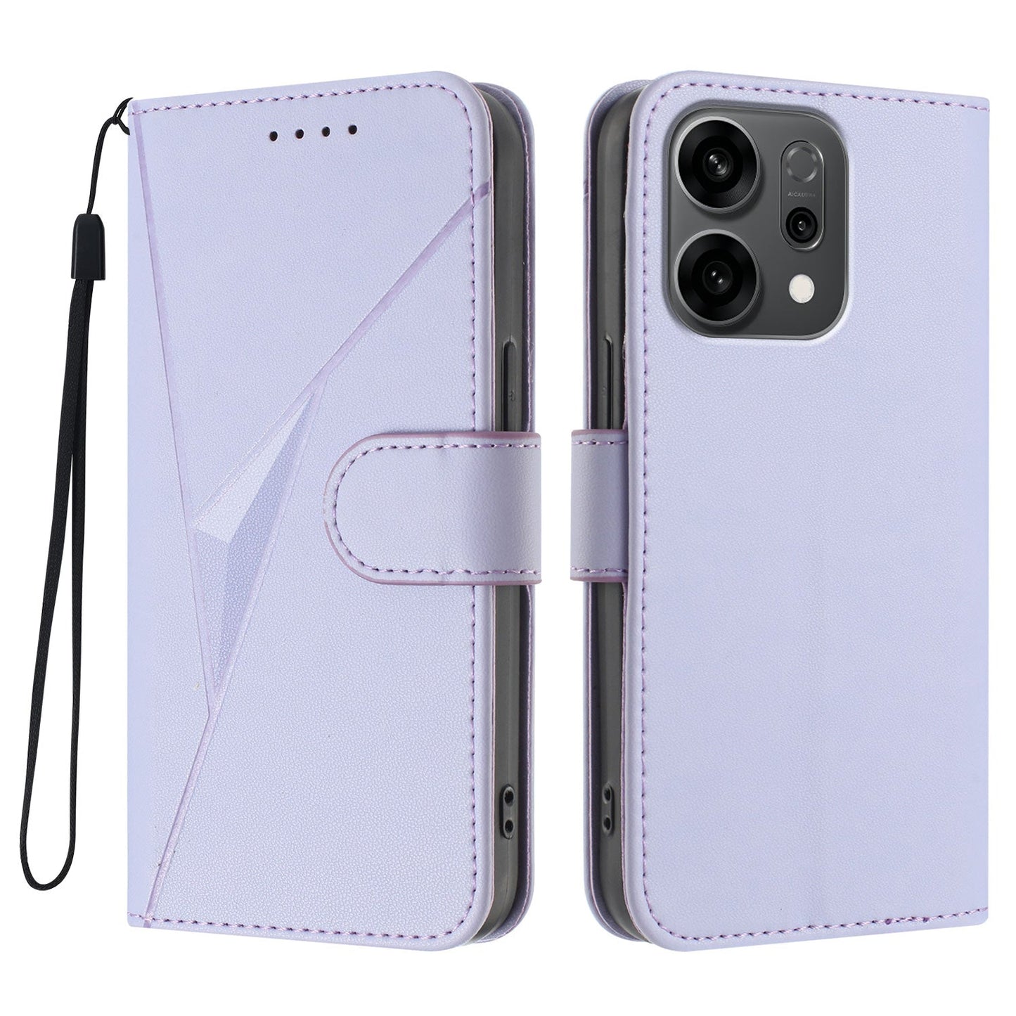 For Oppo Reno14 5G (China) / Oppo Reno14 5G (Global) Case Triangle Imprint Leather Phone Cover with Lanyard - Light Purple