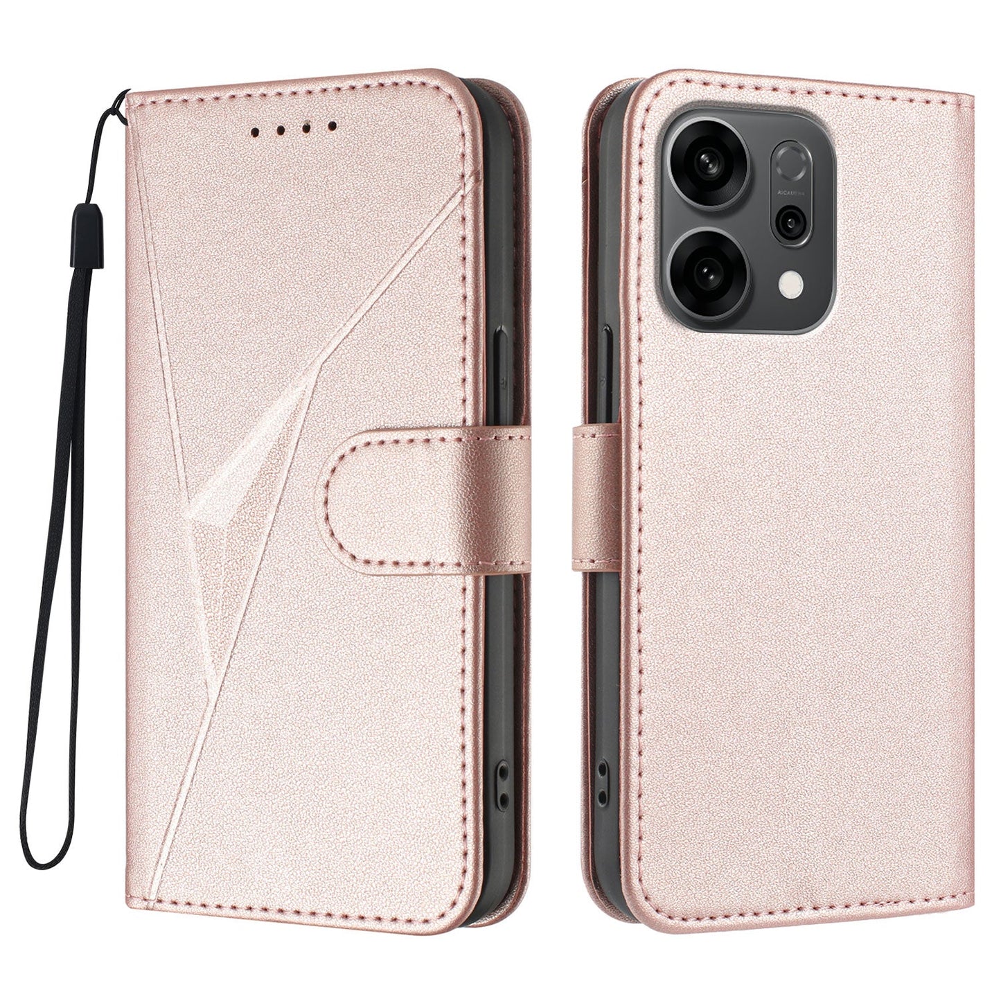 For Oppo Reno14 5G (China) / Oppo Reno14 5G (Global) Case Triangle Imprint Leather Phone Cover with Lanyard - Rose Gold