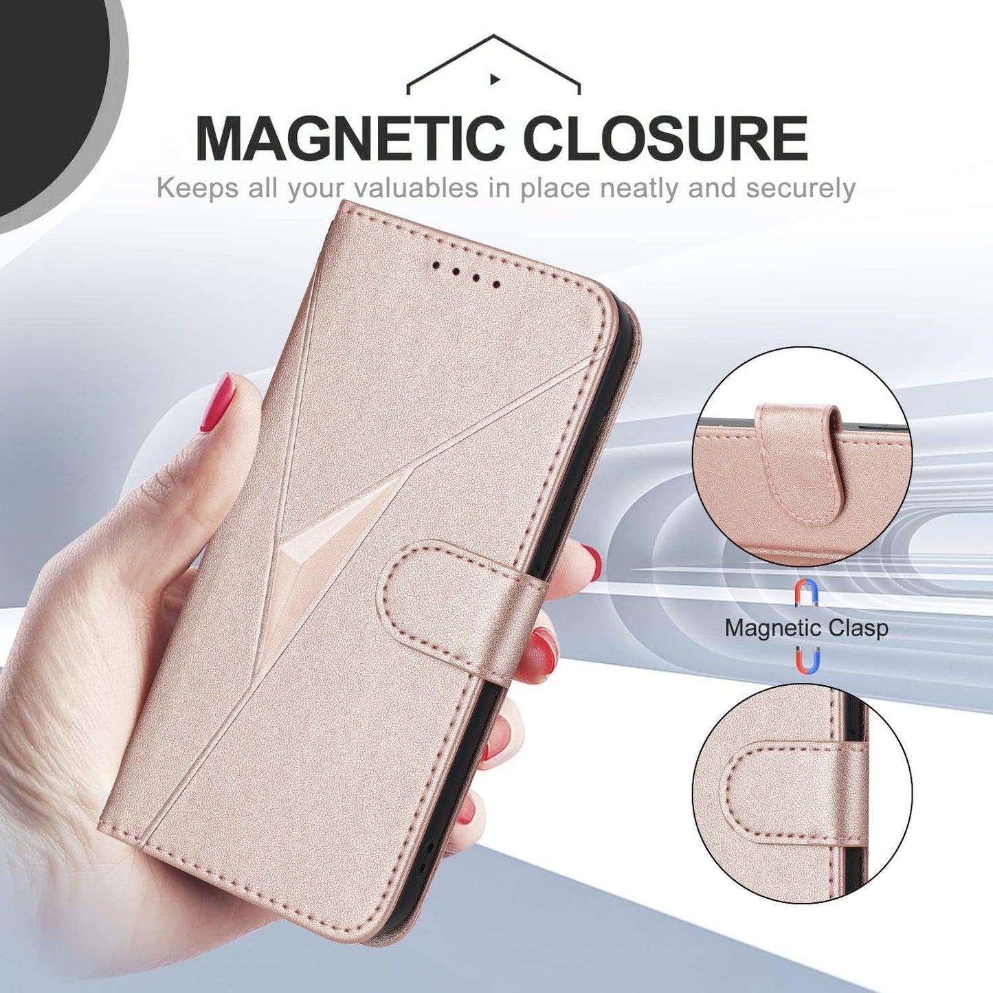 For Oppo Reno14 5G (China) / Oppo Reno14 5G (Global) Case Triangle Imprint Leather Phone Cover with Lanyard - Rose Gold