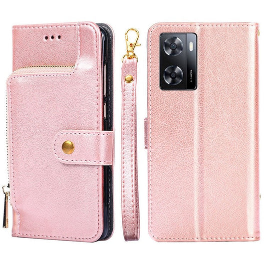 Shockproof Phone Cover For OnePlus Nord N20 SE 4G Zipper Pocket PU Leather Phone Case Stand Wallet with Handy Strap - Rose Gold