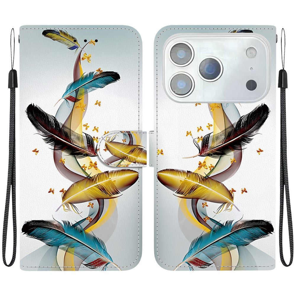 For iPhone 17 Pro Max Case Pattern Printing Anti-Drop Leather Flip Wallet Phone Cover with Lanyard - Golden Butterfly Feather