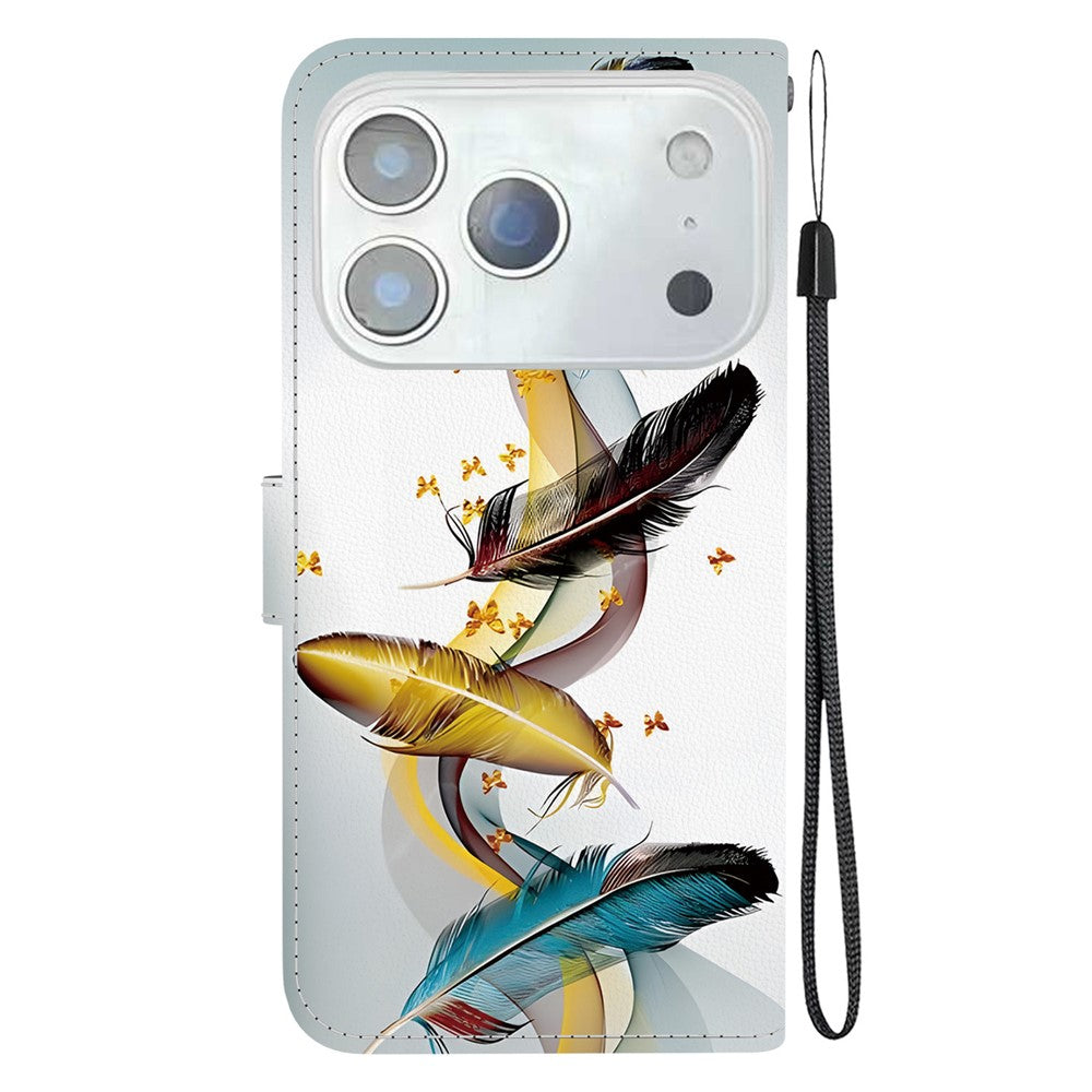 For iPhone 17 Pro Max Case Pattern Printing Anti-Drop Leather Flip Wallet Phone Cover with Lanyard - Golden Butterfly Feather