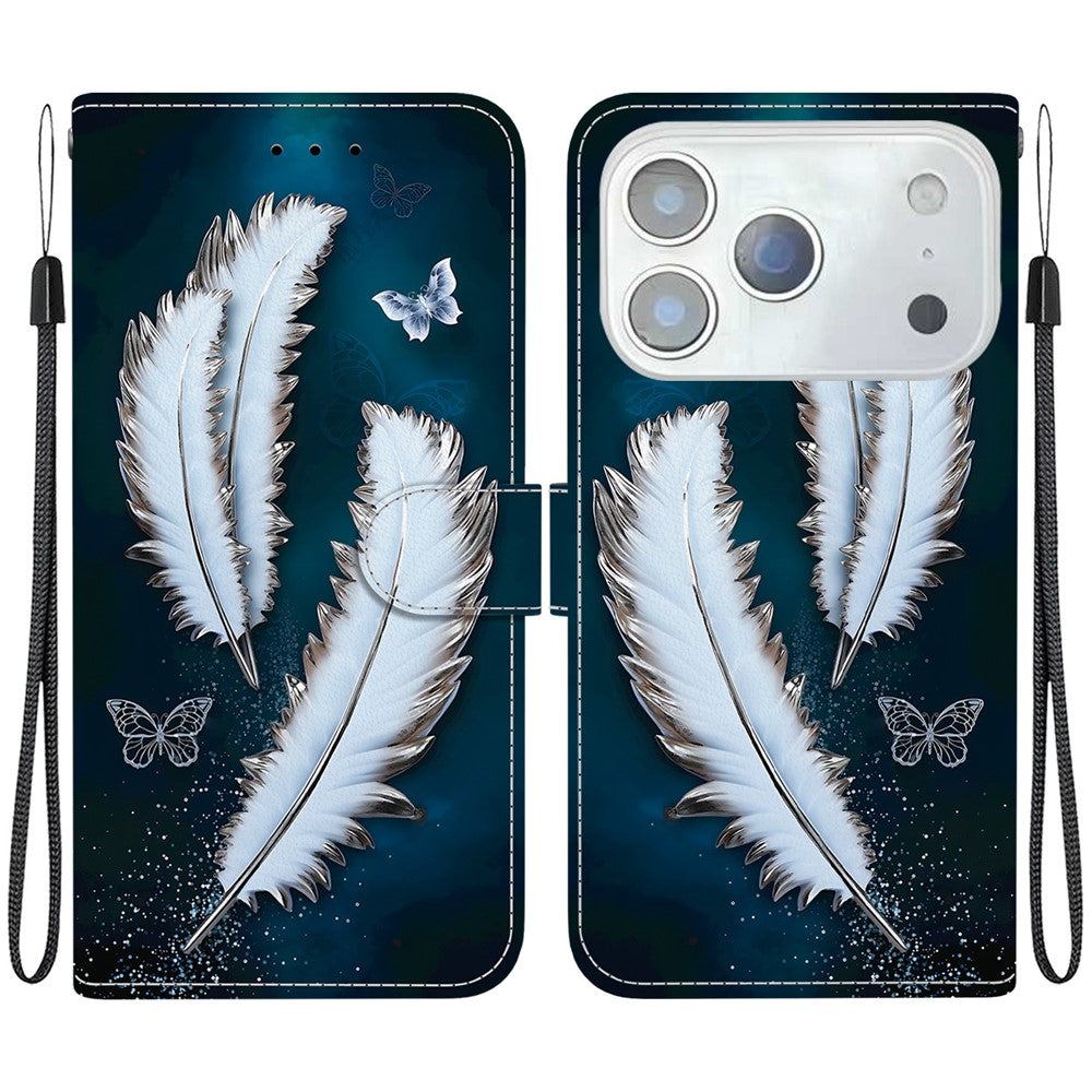 For iPhone 17 Pro Max Case Pattern Printing Anti-Drop Leather Flip Wallet Phone Cover with Lanyard - White Butterfly Feather
